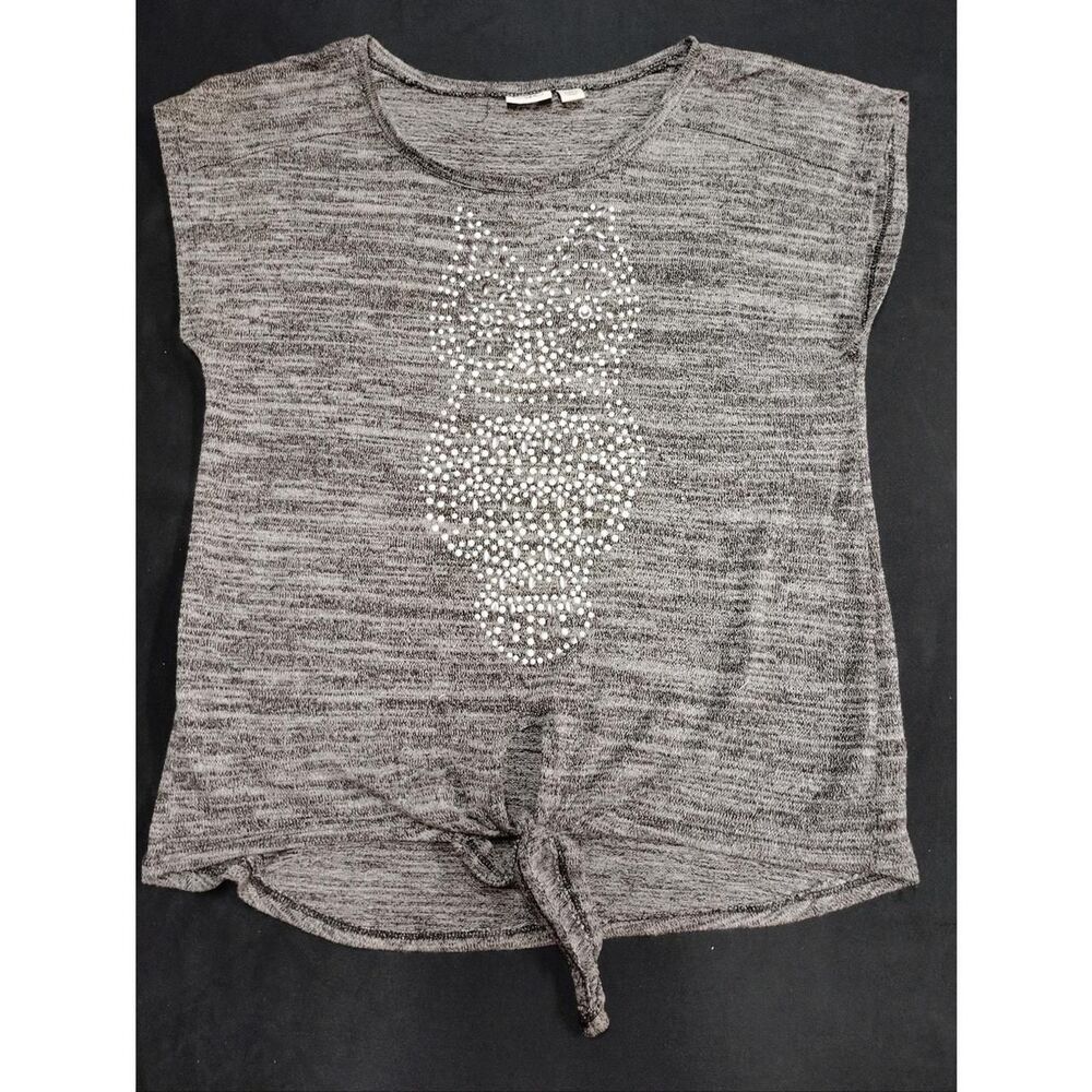 Cato Tie Front Heathered Grey Blouse with Studded Embellished Owl